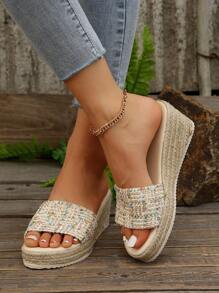 Nieuwe dikke bodem geweven touw platform wig slippers voor dames, modieuze persoonlijkheid comfortabele casual klassieke band wig slippers