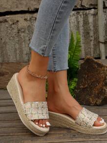 Nieuwe dikke bodem geweven touw platform wig slippers voor dames, modieuze persoonlijkheid comfortabele casual klassieke band wig slippers