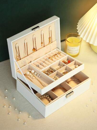 Large Capacity Dual Layer Jewelry Box, Portable Travel Jewelry Storage Box, Leather Jewelry Storage Box, Elegant Display Packaging Container, Bathroom Storage Box, Desktop Storage Makeup Box, Vanity Organizer Box, Stackable Storage Box; Elegant Display Packaging Storage Box For Jewelry, Earrings, Necklaces, Bracelets, Accessories, With Removable Tray, Lockable Design - Ideal Gift For Women, Mother's Day, Christmas, New Year, Valentine's Day, Birthday, Room Decor, Home Decor, Bathroom Decor, Bedroom Decor
