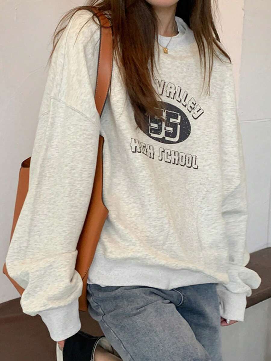 女式宽松字母印花圆领长袖运动衫