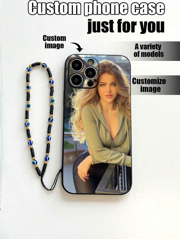 1 capa de celular personalizada em TPU preto com qualquer estampa, capa resistente a impactos e 1 alça de pulso preta com olhos de argila macia, compatível com Apple/capas de celular combinando/capas de celular com cordão. Estilosa, colorida, vintage, fofa, minimalista, divertida, personalizada, única, ideal para presentear ele ou ela, namorado, namorada, família, amigos, avós, casais, aniversários e outras ocasiões especiais.