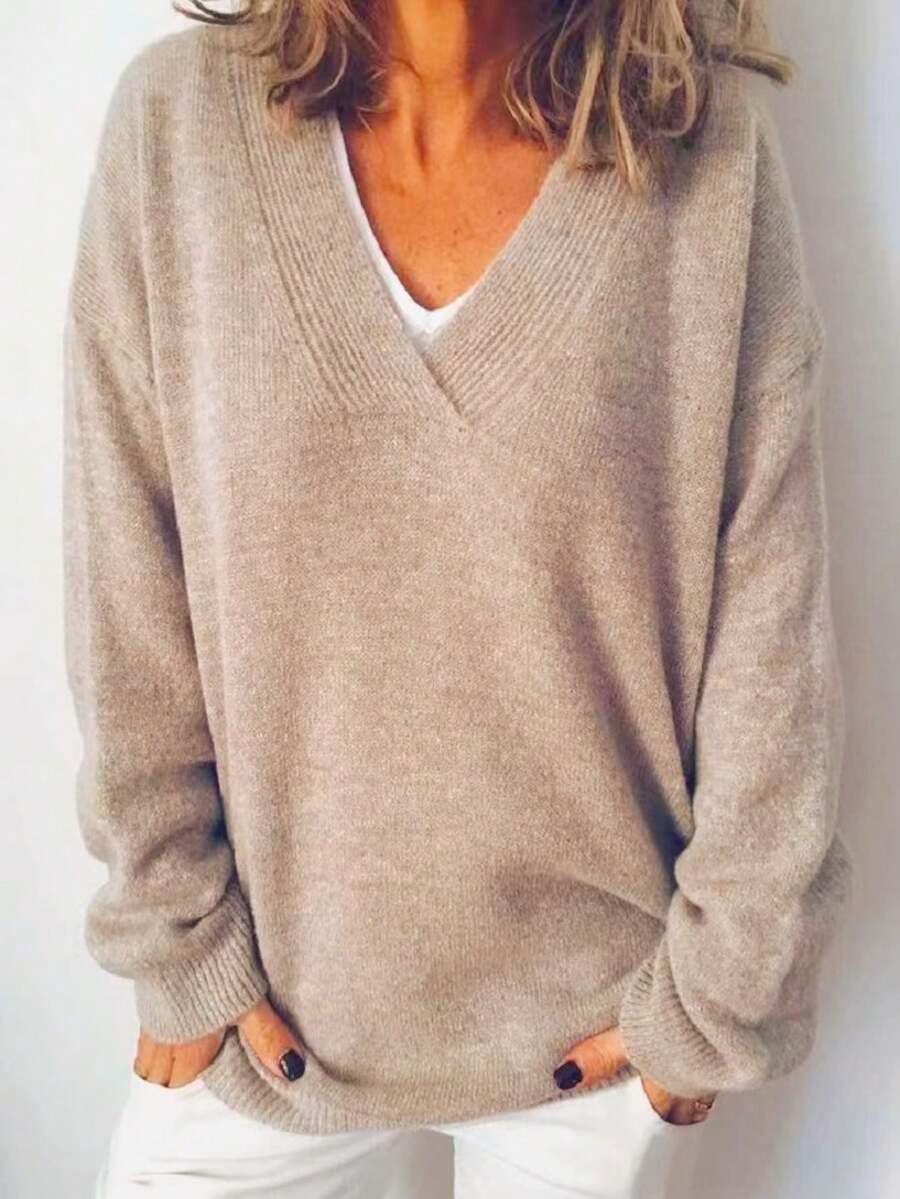 Plus Size Solid Color Simple V-Neck Long Sleeve Pullover Sweater, Casual Everyday Wear - Khaki - View 1