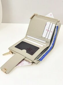 新款女式短款按扣钱包 柔软 PU 皮革 双拉链零钱包 简约时尚钱包 长卡包 卡包 女士礼物 钱包 钱包 小钱包