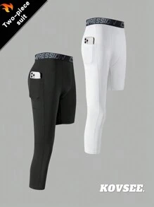 KOVSEE 2PCS Gym Running Workout Basketball With Pockets Letter Waistband Webbing Sports Leggings Gift