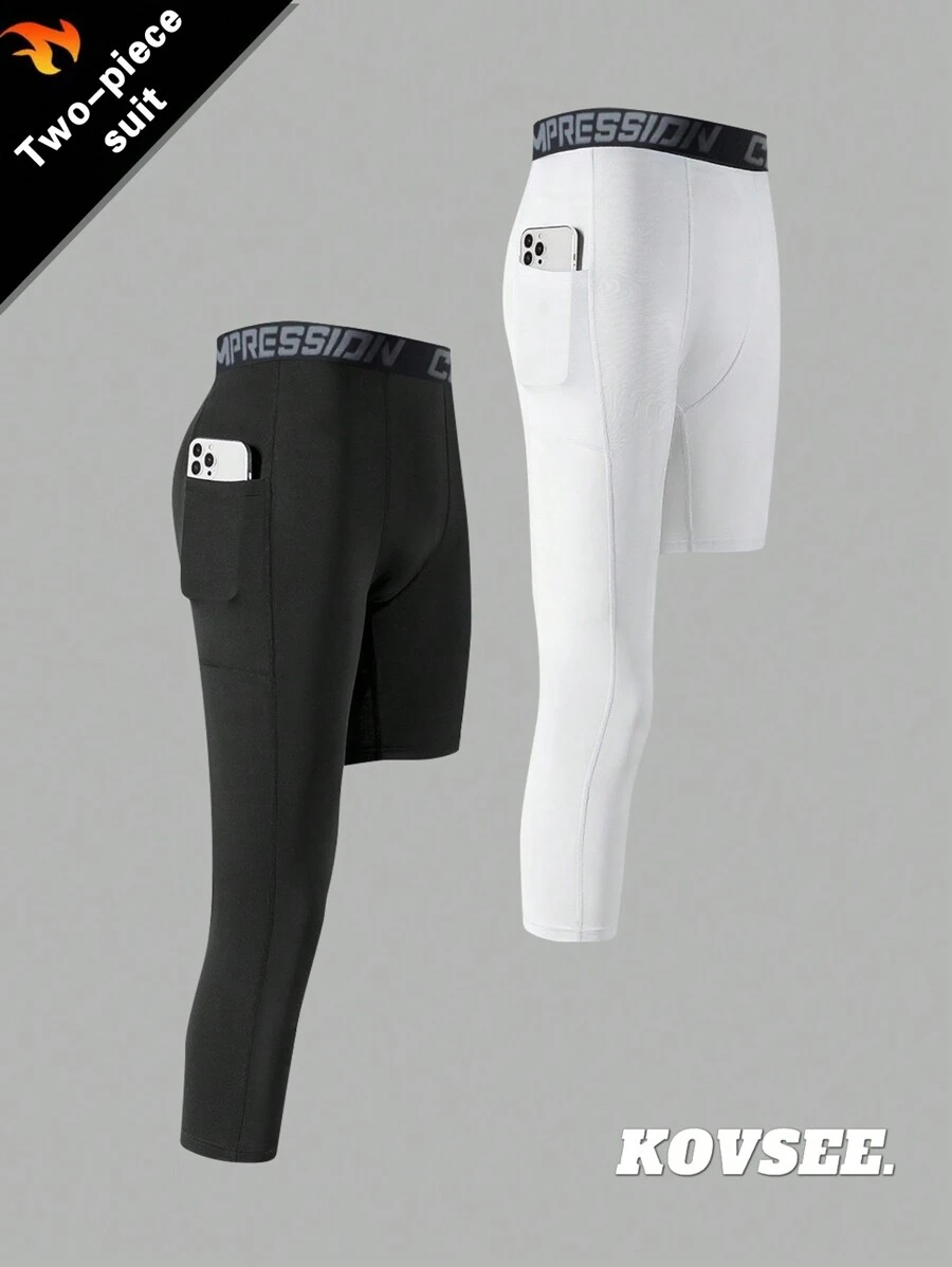 KOVSEE 2PCS Gym Running Workout Basketball With Pockets Letter Waistband Webbing Sports Leggings Gift