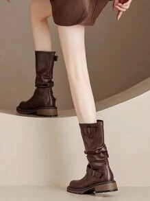 Casual Round Toe Chunky Heel Mid-Calf Boots, Thick Sole Mid Heel Slim Stretch Boots, New Autumn Winter Style