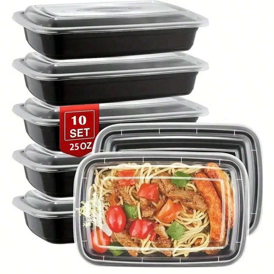 10 piezas de recipientes reutilizables de plástico negro de 25 onzas para almacenamiento de alimentos, recipientes de preparación de comidas con tapas, cajas de envasado para hornear, cajas de almuerzo rectangulares para frutas y postres, regalo de Navidad - Multicolor - Ver 1