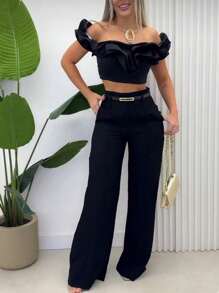 Women's Tailored Wide Leg Pants With Ring - màu đen - Xem 1