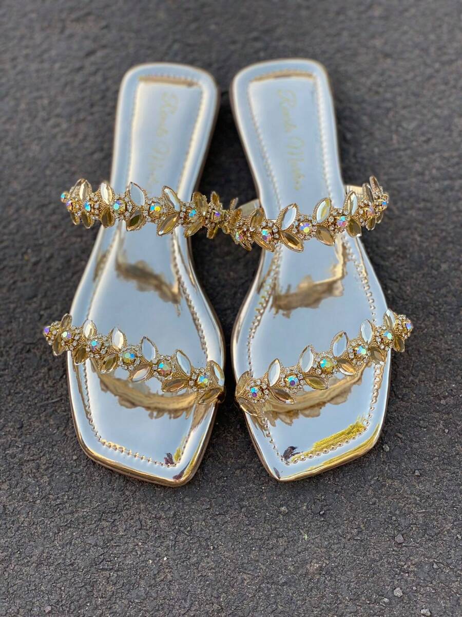 Women's Flat Sandals With Metallic Rhinestones, Perfect And Super Comfortable - 金色 - 查看 1
