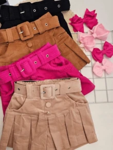 Children's Short Skirt With Belt Girl Bow - Màu be - Xem 4
