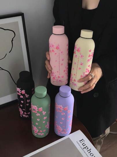 1 件樱花树系列 500 毫升/17 盎司双层不锈钢保温杯，真空保温杯，适用于旅行、健身房、户外运动、咖啡杯、平底杯、汽车杯、全年饮用器皿、生日、节日礼物水瓶返校