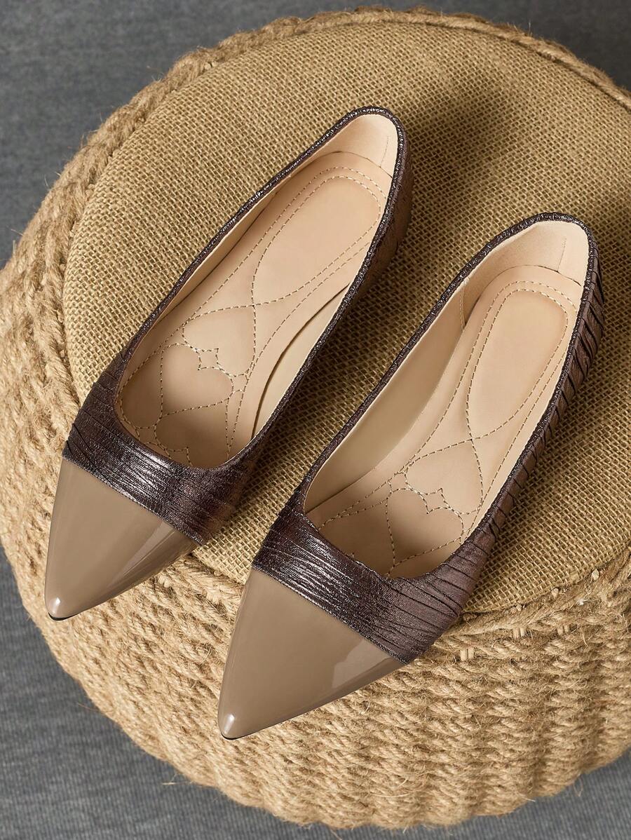 Zapatos planos de punta puntiaguda, casuales, de slip-on para mujeres, de color marrón, con efecto arrugado y estilo vintage, para uso diario, exterior, trabajo, cómodos y elegantes