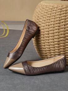 Zapatos planos de punta puntiaguda, casuales, de slip-on para mujeres, de color marrón, con efecto arrugado y estilo vintage, para uso diario, exterior, trabajo, cómodos y elegantes