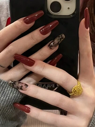 24 片装酒红色简约中国风水墨树叶全覆盖假指甲，适合派对、婚礼和日常佩戴按压式指甲美甲用品