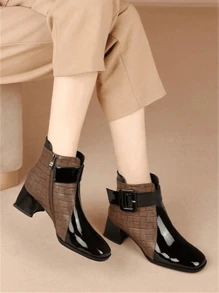 Women's Color Block Square Toe Fashion Ankle Boots, Autumn Winter Warm Comfortable Versatile Belt Buckle Chunky Heel Side Zip Patchwork Soft Leather  Boots