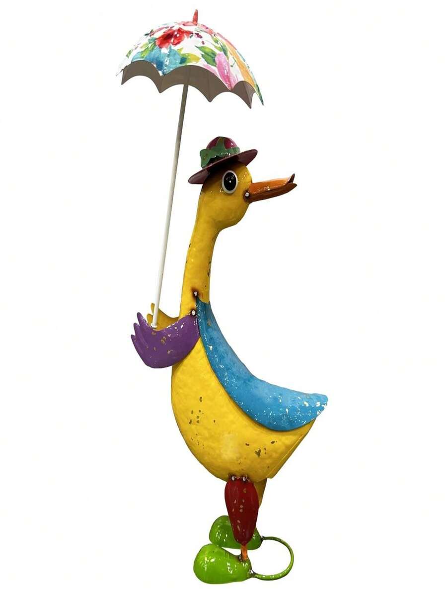 Colorful Enameled Metal Duck With Umbrella Statue - Yellow - 黃色 - 查看 1