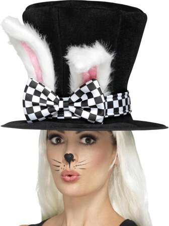 1 件万圣节吸血鬼兔耳朵黑色高顶礼帽白兔毛皮毛绒派对帽头饰装饰，圣诞节