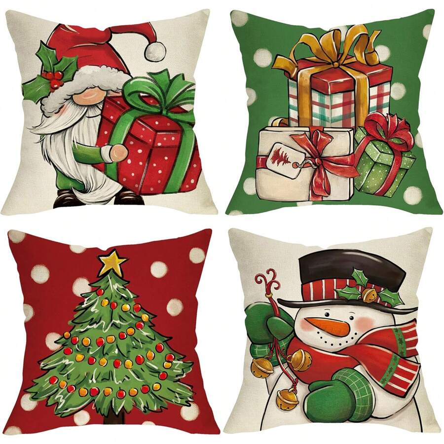 4 Stücke Weihnachtsbaum, Schneemann, Weihnachtswichtel Dekoration, Kissenbezug, Weihnachtsgeschenk, rote grüne Punkte, Punkte Veranda, Außendekoration Zuhause Glocken, Stechpalme Beeren, Winter Feiertag Party Kissen, eine Seite, ohne Kissenfüllung