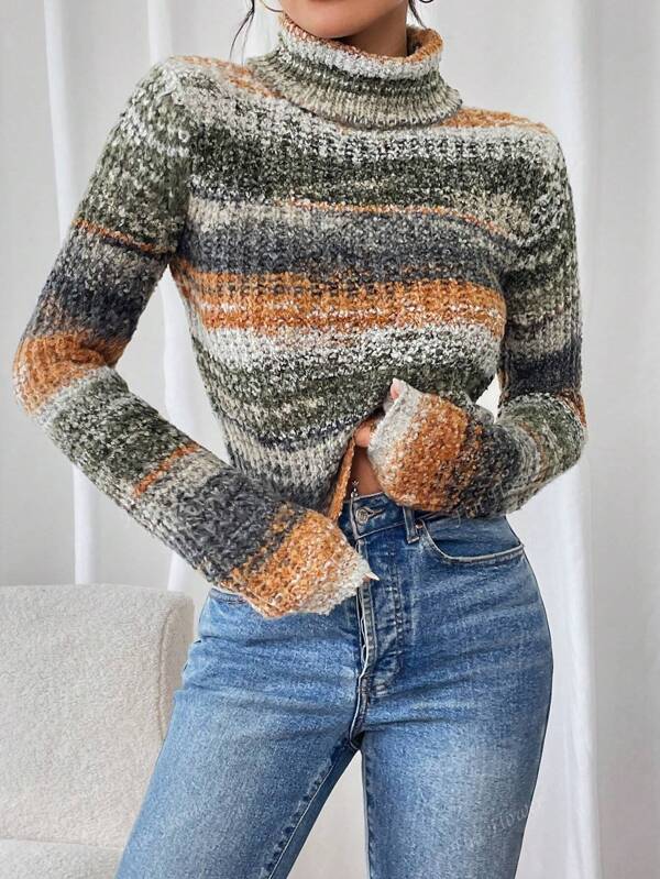 Suéter de manga larga, de cuello alto y estilo crop multicolor para mujer