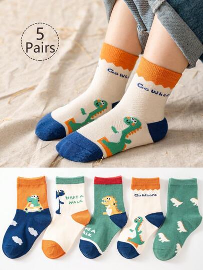 5 đôi tất dài đến bắp chân in họa tiết khủng long và chữ hoạt hình cho trẻ em, phù hợp cho học sinh, hợp thời trang và đa năng, mùa tựu trường