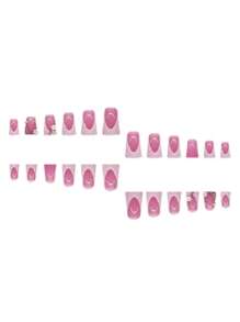 24 件套鸭嘴形法式条纹闪粉钻石白色花朵点缀短款按压式指甲带凝胶粘合剂 - 亮面裸色和浅色调假指甲套装 - 彩色 - 查看 3