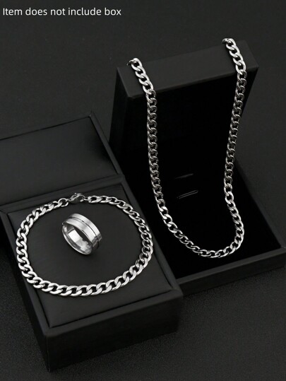 Men's Stainless Steel Jewelry Set Chain Cuban Necklace Bracelet Recessed Ring Hip Hop Stylish And Simple Style Suitable For Everyday Wear Holiday Gifts (Item Does Not Include Box)
