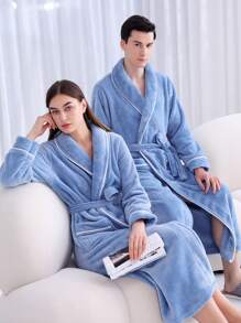 1件加长法兰绒浴袍，优雅成人法兰绒浴袍，保暖内衬，适用于酒店、水疗中心、美容院，吸水性强，速干，宽松版型，多色可选，简约设计，浴室及家居必备品 - 彩色 - 查看 2