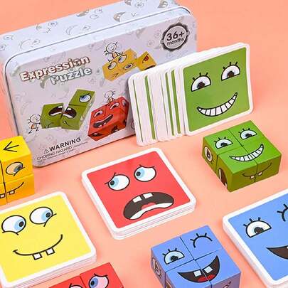 1 pieza Decoración navideña Juego de bloques de construcción con caras cambiantes para niños, pequeño tablero de expresión de madera, ejercita las manos y el cerebro de los niños, decoración de habitación
