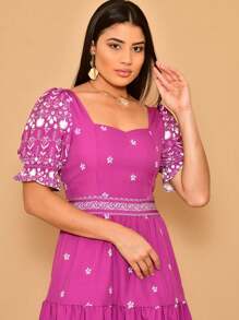 Helena Crepe Printed Midi Dress With Short Sleeves - Rose Red - View 5