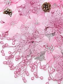 1/5/10/20入 金色亮片一品紅人造聖誕花夾飾，3.5"/5.9"/9.4"花頭，適用於聖誕樹、花環、婚禮、新年派對、樓梯、窗戶、壁爐、露台及節日裝飾 - 粉色 - 查看 3
