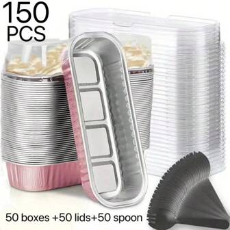 30pcs/150pcs Mini Loaf Pans (With Lids + Scoops), Pink, Gold, Black, Gold, Red, 6.8oz, Rectangular Aluminum Foil Bakeware