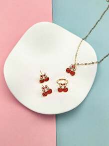 4pcs/Set Cute Cartoon Pendant Chain Necklace, Earrings, Ring Alloy Children Jewelry Set - Red - View 5