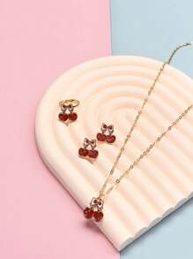 4pcs/Set Cute Cartoon Pendant Chain Necklace, Earrings, Ring Alloy Children Jewelry Set - Red - View 3