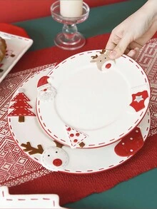 1pc Creative And Cute Christmas Gift Ceramic Round Plate, High-Quality Embossed Dessert Plate, Dinnerware - Multicolor - View 4