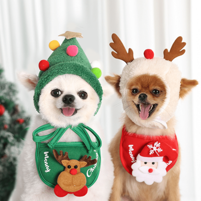 2pcs/Set Christmas Pet Hat & Bib Set, Cat Clothes & Dog Bibs For Winter, Fits 8-15 Lbs Pets
