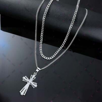 Kit 2 corrente com pingente Correntinha Masculina Banhada a Prata colar aço inox  Pingente Cruz Palito