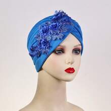 1pc Women Solid Color Embroidery Floral Decor Muslim Underscarf Cap, Versatile Party Wear - A - View 10