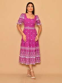 Helena Crepe Printed Midi Dress With Short Sleeves - Rose Red - View 3