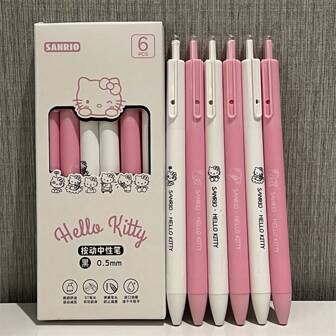 Sanrio 6pcs Anime Peripheral Pens, Neutral Pens, Push Button Pens, Ballpoint Pens, Student Learning Stationery Pens Back To School