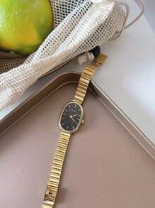 1 pièce Montre à quartz minimaliste pour femmes avec cadran ovale, index de mode, petit cadran, bracelet en bambou, convient pour anniversaire, rentrée scolaire, cadeau d'Halloween
