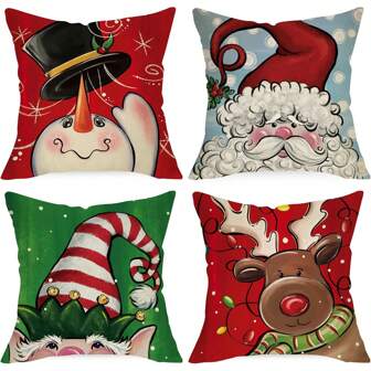 4pcs Christmas Decoration Pillow Case, Santa Claus, Reindeer, Snowman , Elk, Deer, Snowflake, Cushion Cover, Red, Green, Winter Holidays, Farmhouse, Home Decoration, Single Side, No Pillow