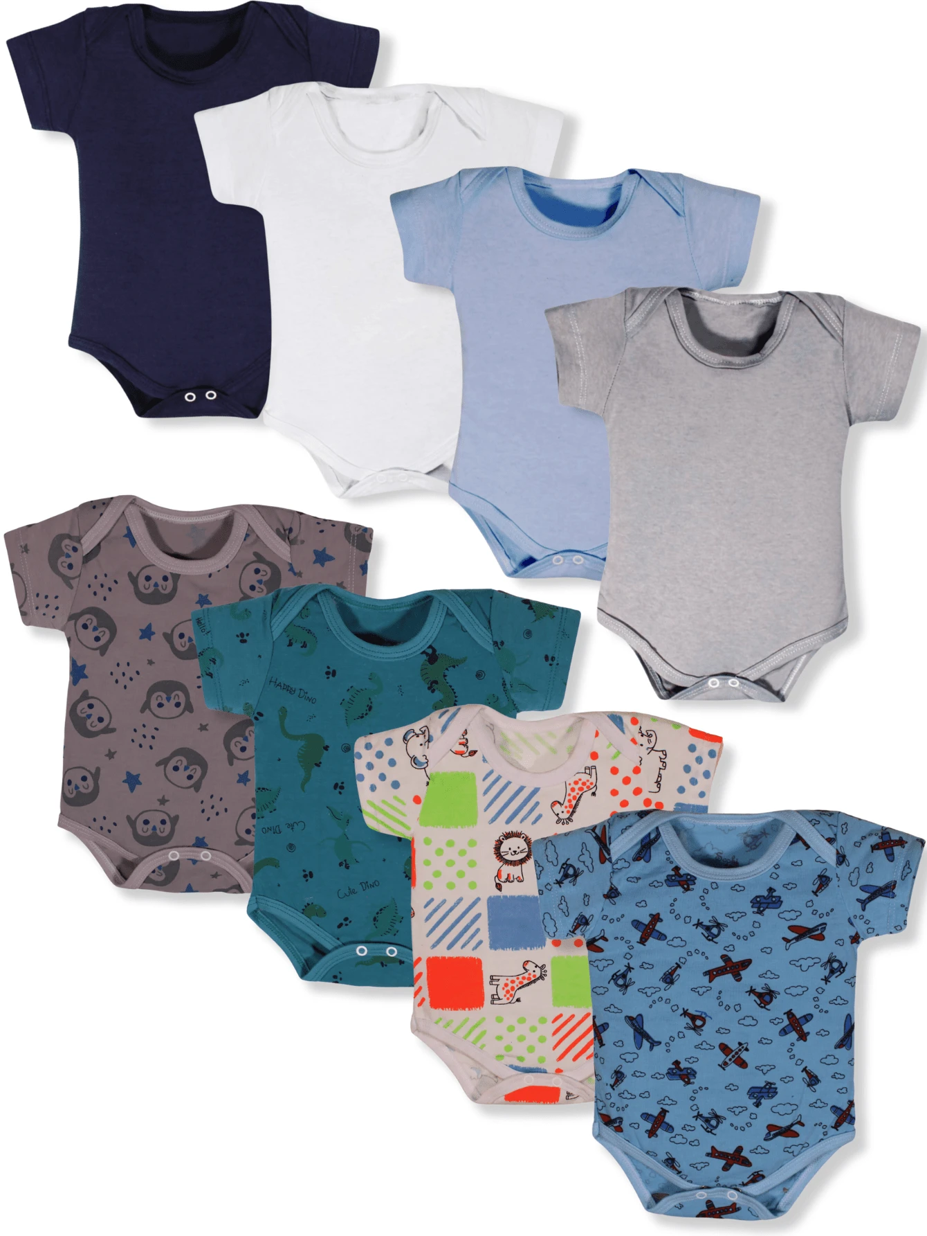 8 Piece Baby Bodysuit Kit Short Sleeve Summer Mesh Plain And Printed Cotton Girl And Boy - 藍色 - 查看 1