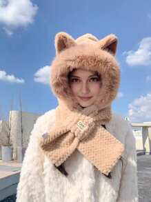 Set de 3 en 1 con gorro con orejas de zorro de peluche, bufanda y calentador de cuello, acogedor para el invierno y Halloween - Multicolor - Ver 7