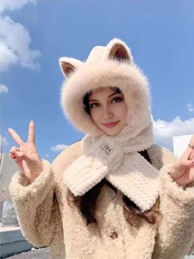 Set de 3 en 1 con gorro con orejas de zorro de peluche, bufanda y calentador de cuello, acogedor para el invierno y Halloween - Multicolor - Ver 2