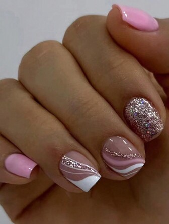 24 Korte nepnagels Vierkante persnagels met Franse lijn Glitternagels +1 Jelly Glue +1 Rub Voor vrouwen en meisjes Dagelijkse nageldecoratie