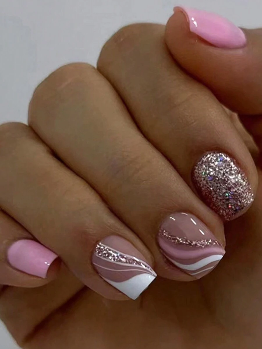 24片短款假指甲方形按压指甲法式闪光指甲+1果冻胶+1胶水适用于女士和女孩日常指甲装饰指甲用品指甲