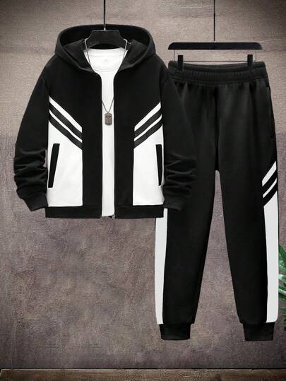 2件套青少年男童休闲撞色连帽卫衣和撞色滚边运动裤套装，春秋季，高性价比