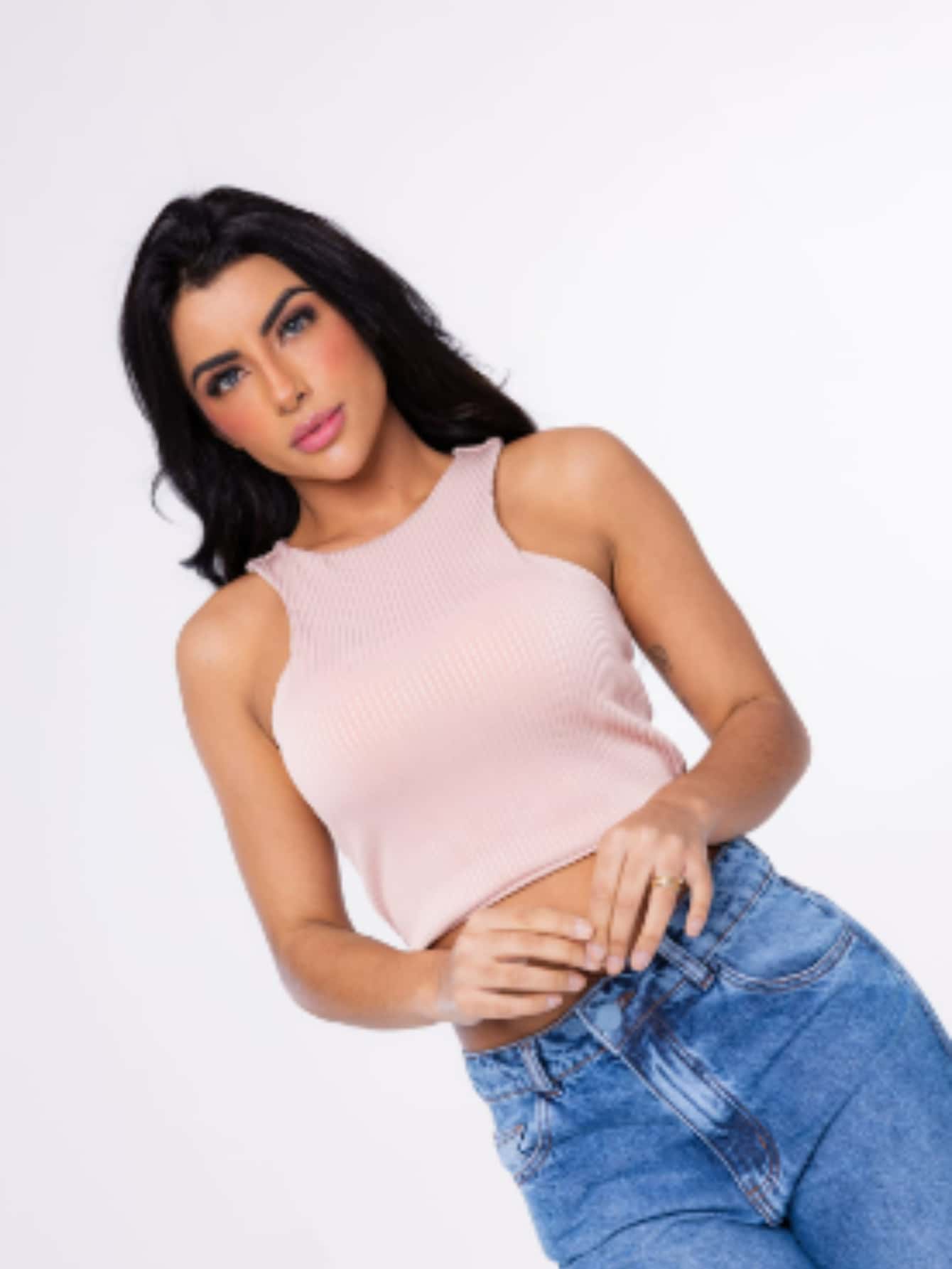 3D Ribbed Tank Top Cropped Top - Màu be - Xem 1