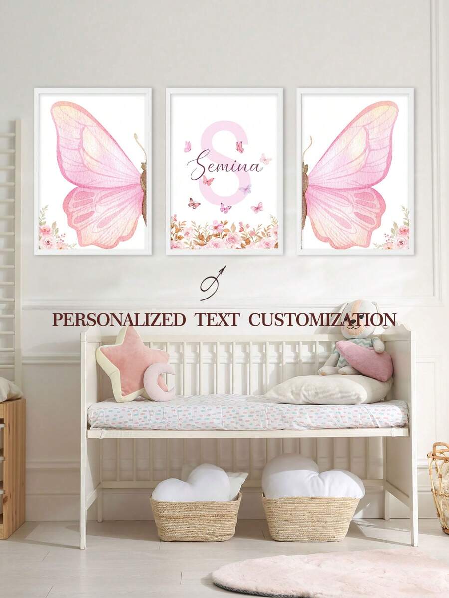 三件套磁性相框/无框定制个性化姓名蝴蝶帆布画套装，定制粉色花朵海报，花卉油画，可定制儿童房装饰，婴儿房/儿童房装饰，卡通墙饰，生日/周年纪念日/母亲节独特礼物，慢生活，定制墙面装饰，时尚秋季，节日日历