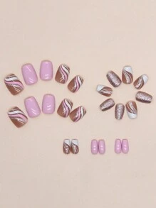 24片短款假指甲方形按压指甲法式闪光指甲+1果冻胶+1胶水适用于女士和女孩日常指甲装饰指甲用品指甲